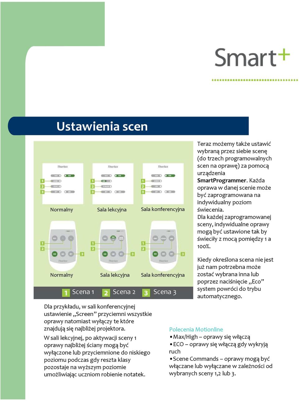 Normalny Sala lekcyjna Scena 1 Scena 2 Scena 3 Dla przykładu, w sali konferencyjnej ustawienie Screen przyciemni wszystkie oprawy natomiast wyłączy te które znajdująsię najbliżej projektora.