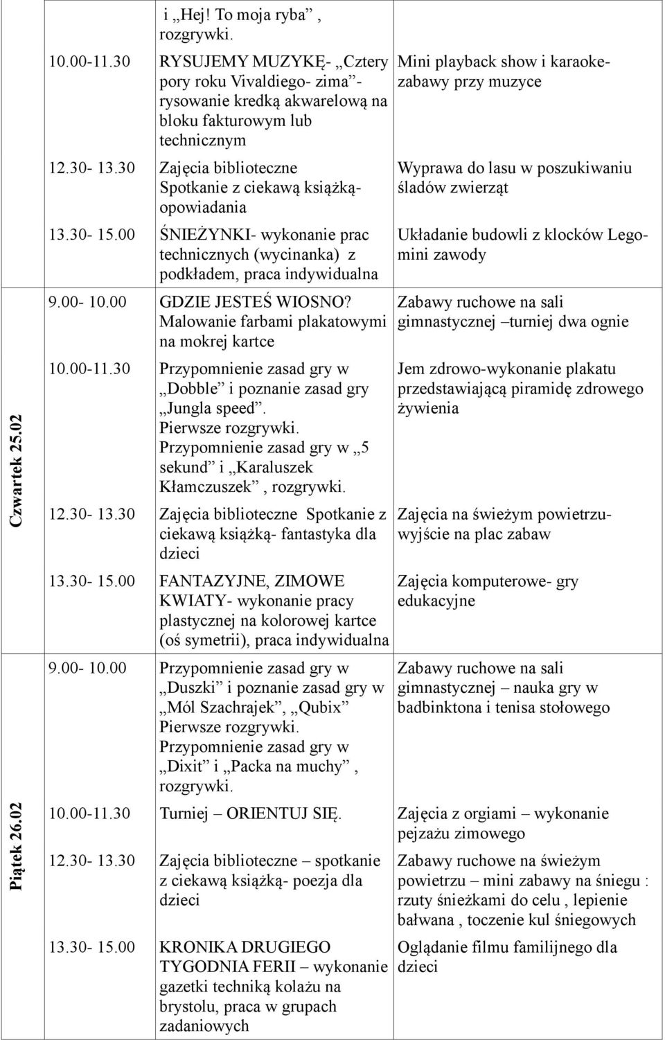 Malowanie farbami plakatowymi na mokrej kartce 10.00-11.30 Dobble i poznanie zasad gry Jungla speed. 5 sekund i Karaluszek Kłamczuszek, 12.30-13.