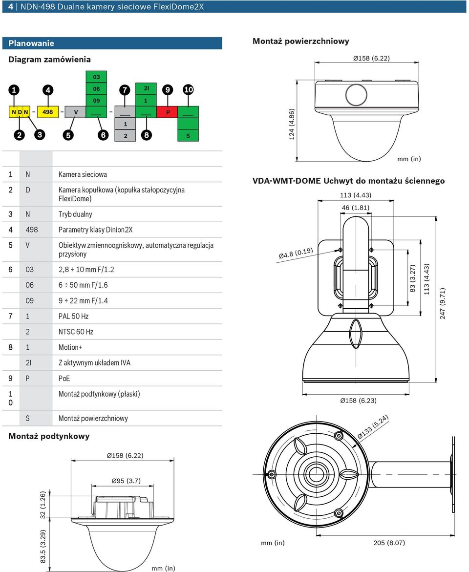 81) 4 498 Parametr klas Dinion2X 5 V Obiektw zmiennoogniskow, atomatczna reglacja przsłon Ø4.8 (0.19) 6 03 2,8 10 mm F/1.2 06 6 50 mm F/1.