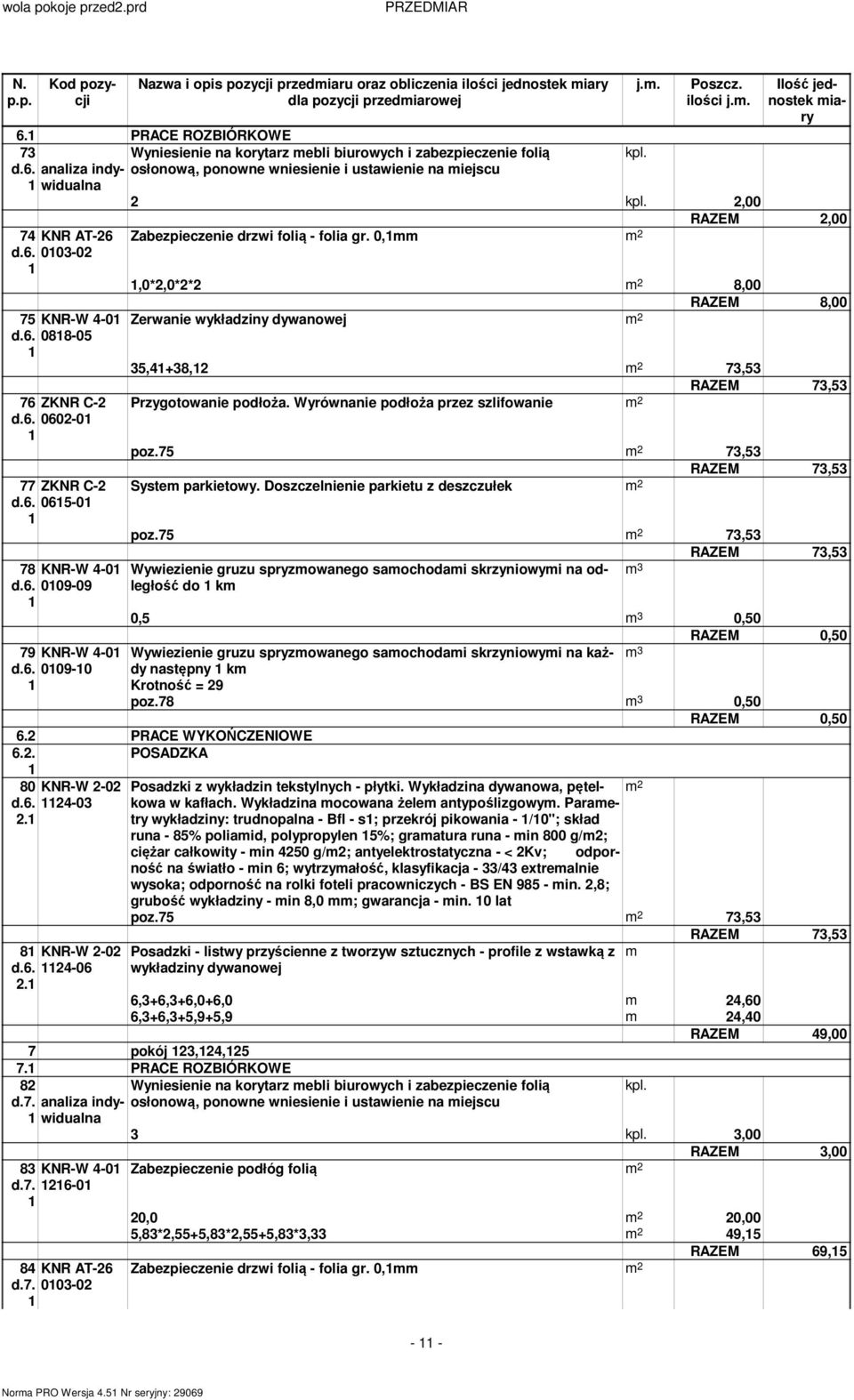 Wyrównanie podłoża przez szlifowanie d.6. 060-0 poz.75 73,53 RAZEM 73,53 77 ZKNR C- System parkietowy. Doszczelnienie parkietu z deszczułek d.6. 065-0 poz.75 73,53 RAZEM 73,53 78 KNR-W 4-0 d.6. 009-09 79 KNR-W 4-0 d.