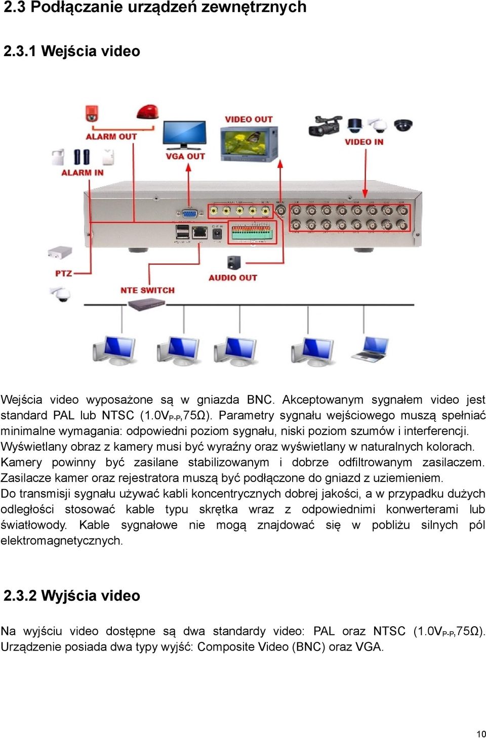 Wyświetlany obraz z kamery musi być wyraźny oraz wyświetlany w naturalnych kolorach. Kamery powinny być zasilane stabilizowanym i dobrze odfiltrowanym zasilaczem.