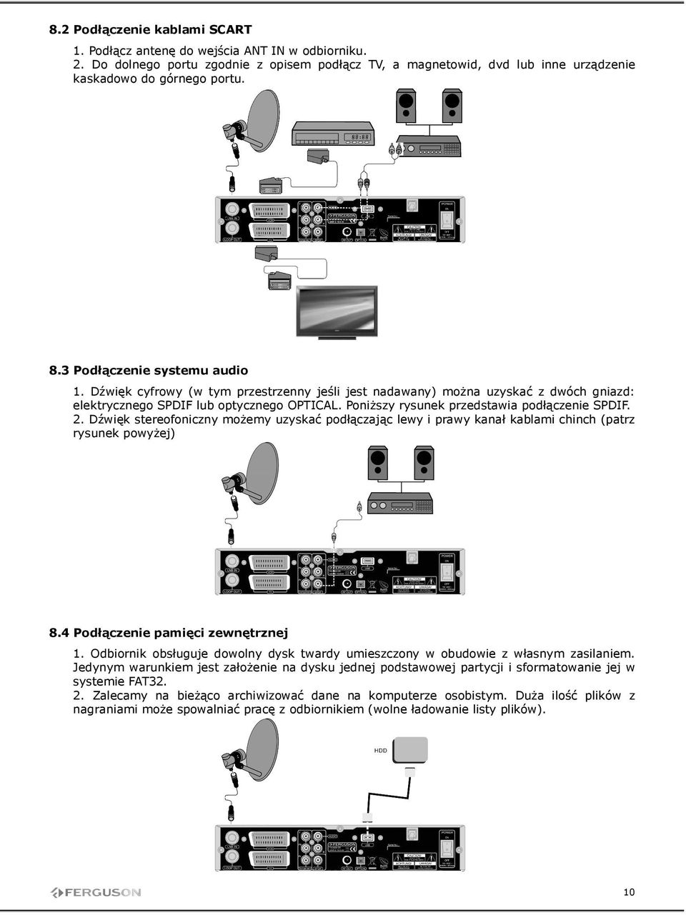 PoniŜszy rysunek przedstawia podłączenie SPDIF. 2. Dźwięk stereofoniczny moŝemy uzyskać podłączając lewy i prawy kanał kablami chinch (patrz rysunek powyŝej) 8.4 Podłączenie pamięci zewnętrznej 1.