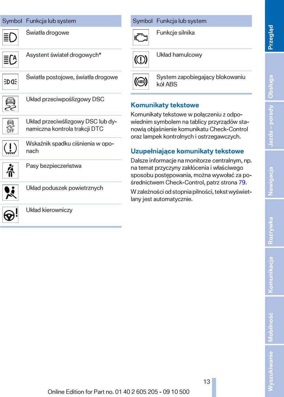 Komunikaty tekstowe Komunikaty tekstowe w połączeniu z odpowiednim symbolem na tablicy przyrządów stanowią objaśnienie komunikatu Check-Control oraz lampek kontrolnych i ostrzegawczych.