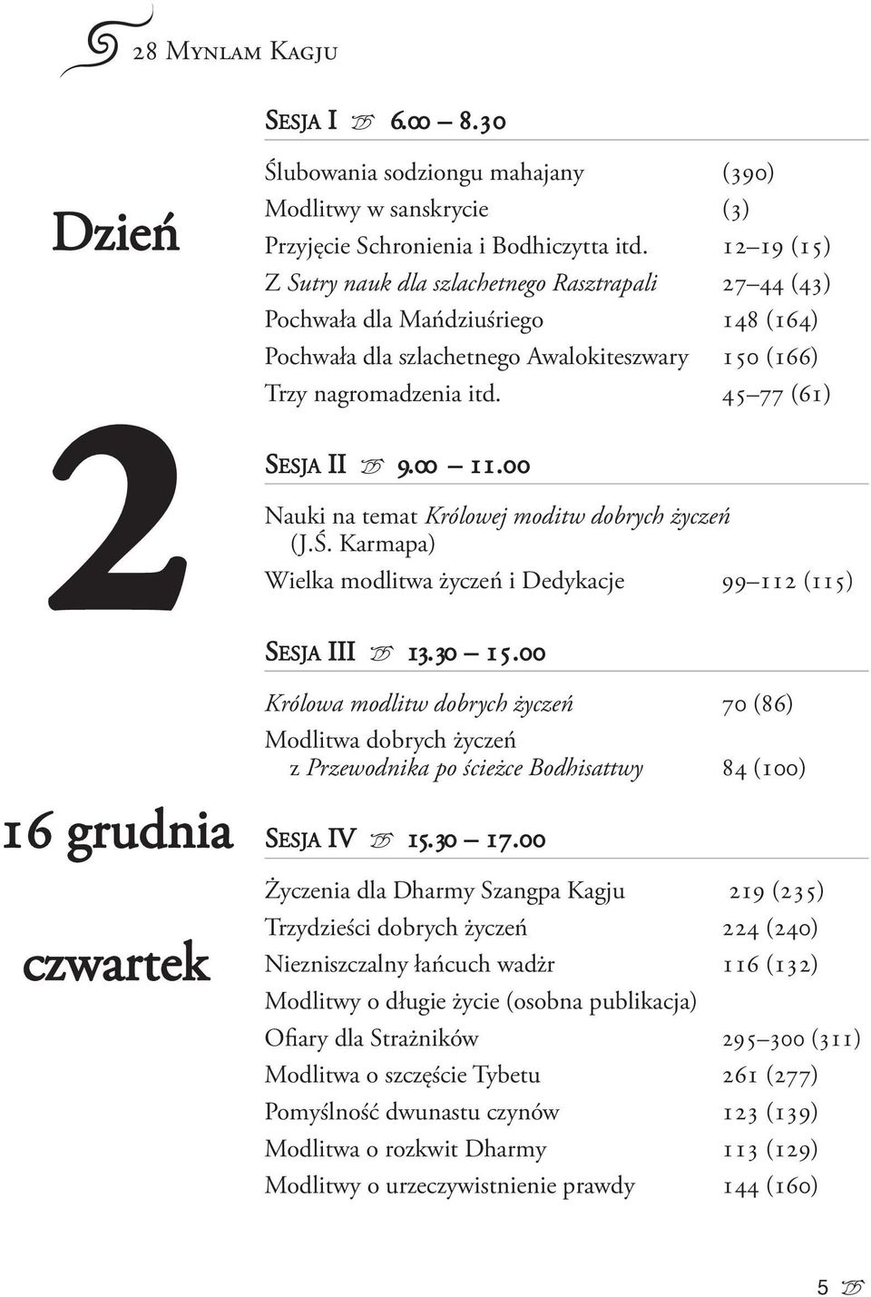 45 77 (61) SESJA ii 0 9.00 11.00 Nauki na temat Królowej moditw dobrych życzeń (J.Ś. karmapa) Wielka modlitwa życzeń i Dedykacje 99 112 (115) SESJA iii 0 13.30 15.