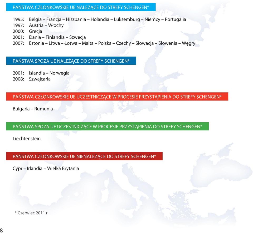 Islandia Norwegia 2008: Szwajcaria PAŃSTWA CZŁONKOWSKIE UE UCZESTNICZĄCE W PROCESIE PRZYSTĄPIENIA DO STREFY SCHENGEN* Bułgaria Rumunia PAŃSTWA SPOZA UE