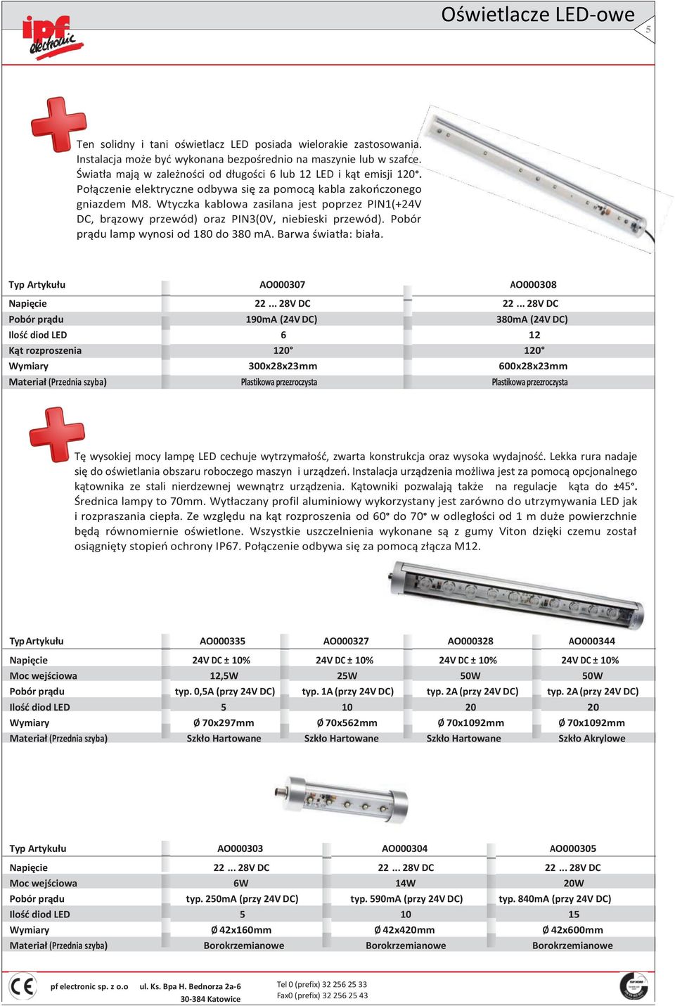 Wtyczka kablowa zasilana jest poprzez PIN1(+24V DC, brązowy przewód) oraz PIN3(0V, niebieski przewód). Pobór prądu lamp wynosi od 180 do 380 ma. Barwa światła: biała.