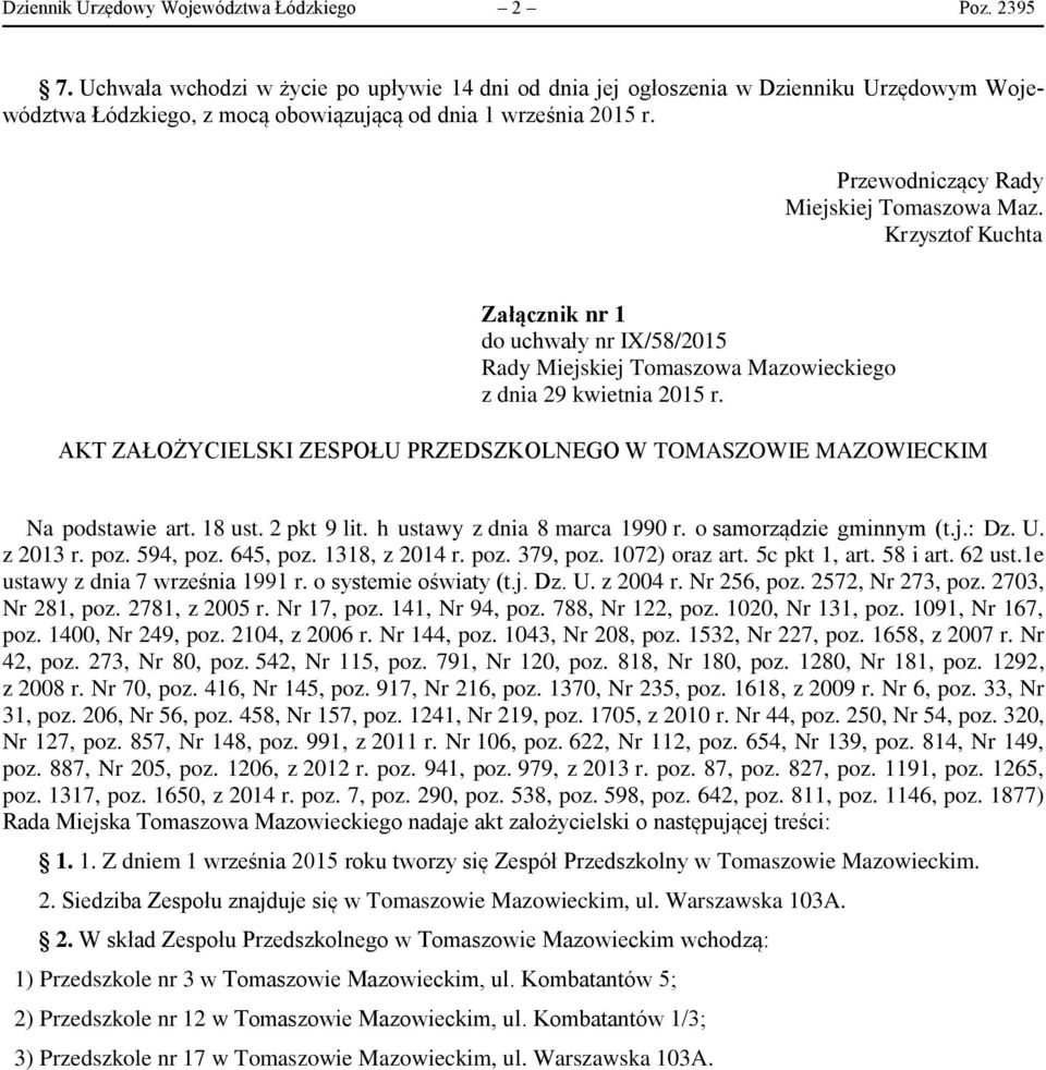 Przewodniczący Rady Miejskiej Tomaszowa Maz.