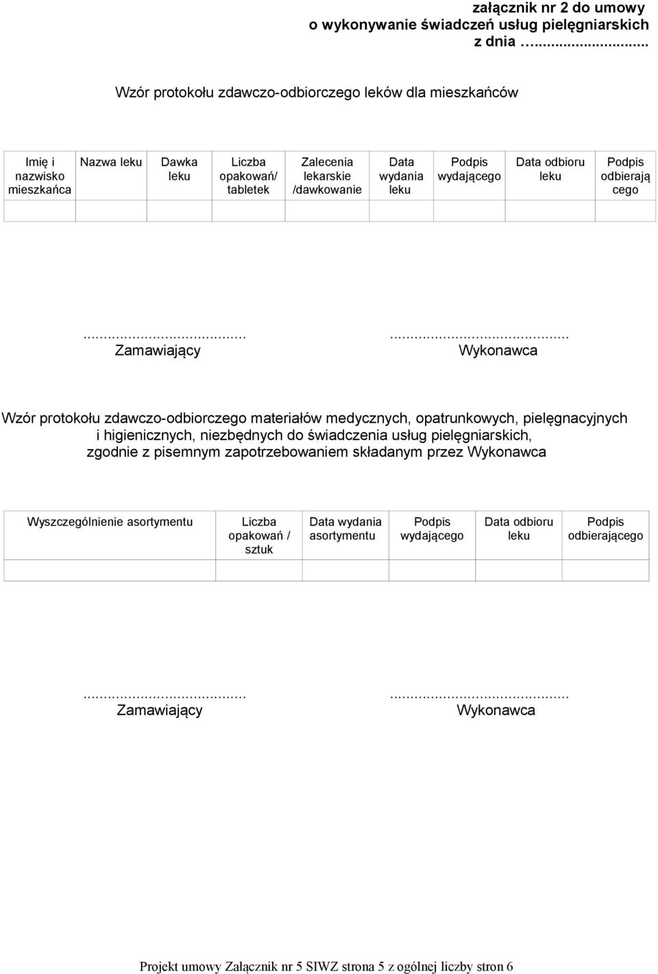 wydającego Data odbioru odbierają cego Wzór protokołu zdawczo-odbiorczego materiałów medycznych, opatrunkowych, pielęgnacyjnych i higienicznych, niezbędnych do