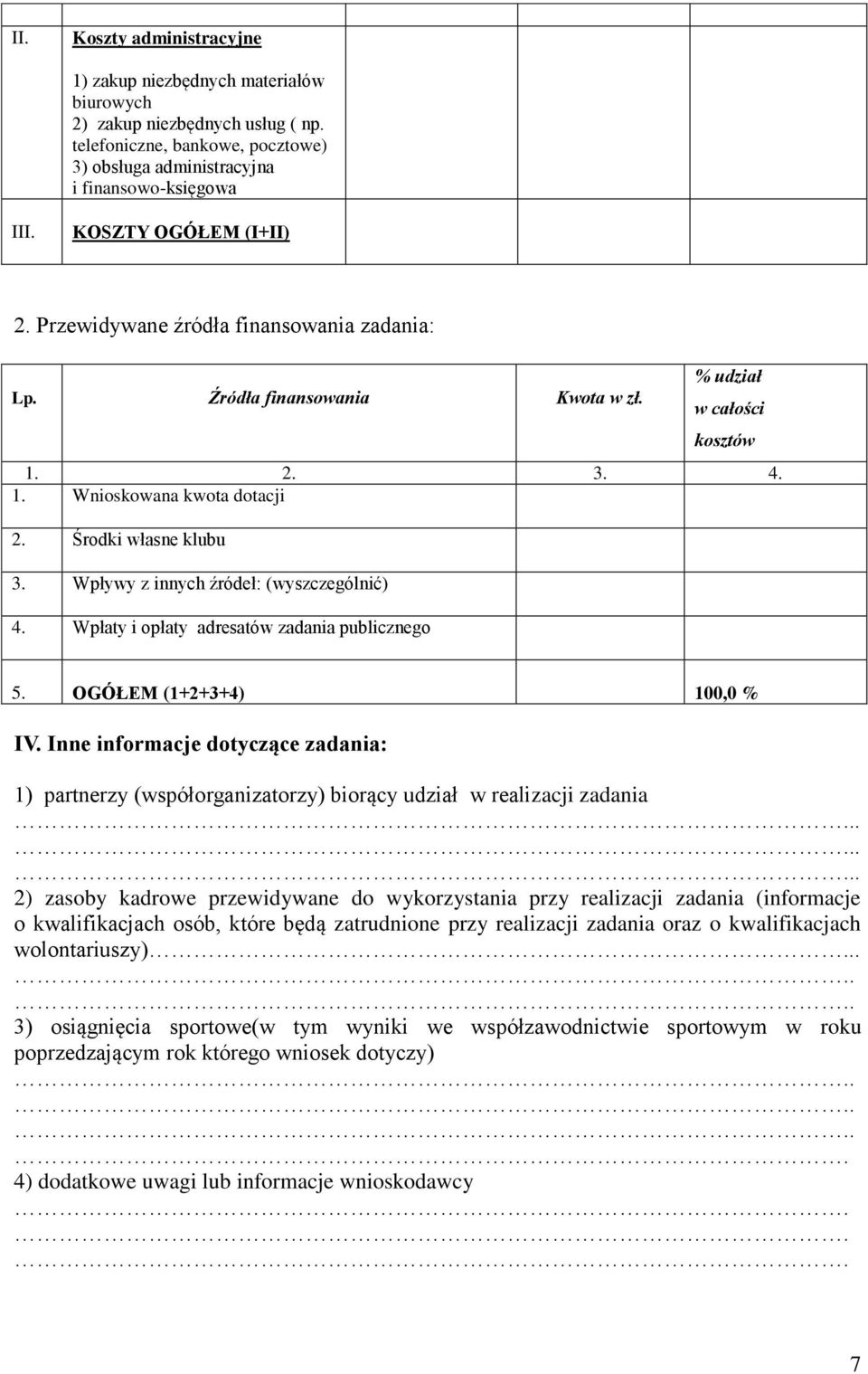 Wpływy z innych źródeł: (wyszczególnić) 4. Wpłaty i opłaty adresatów zadania publicznego 5. OGÓŁEM (1+2+3+4) 100,0 % IV.