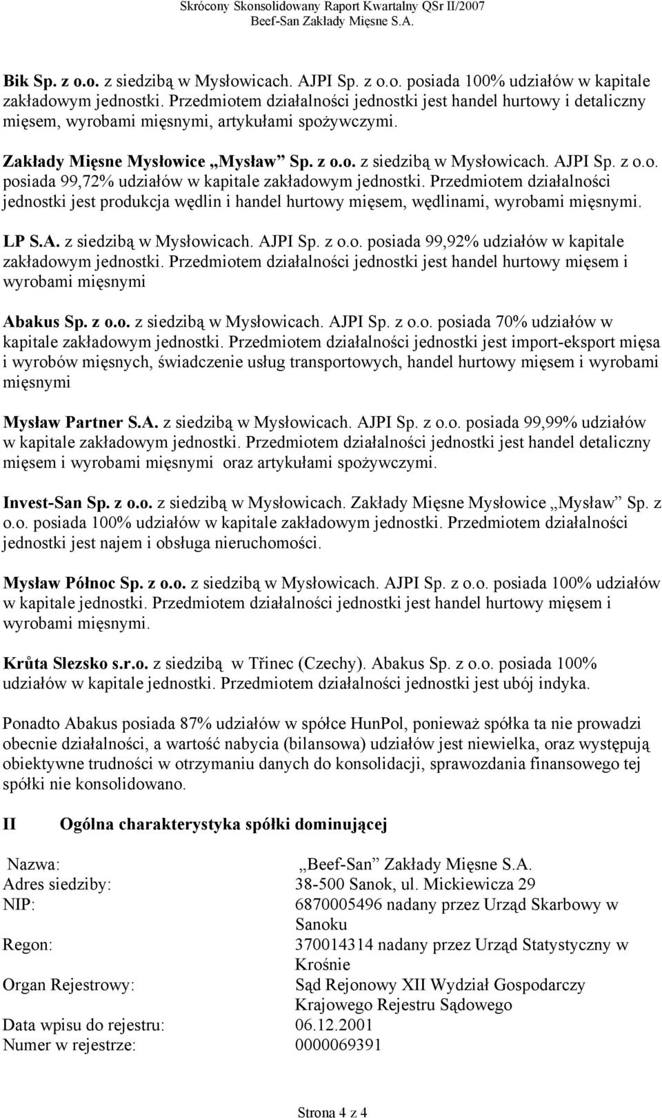 z o.o. posiada 99,72% udziałów w kapitale zakładowym jednostki. Przedmiotem działalności jednostki jest produkcja wędlin i handel hurtowy mięsem, wędlinami, wyrobami mięsnymi. LP S.A.