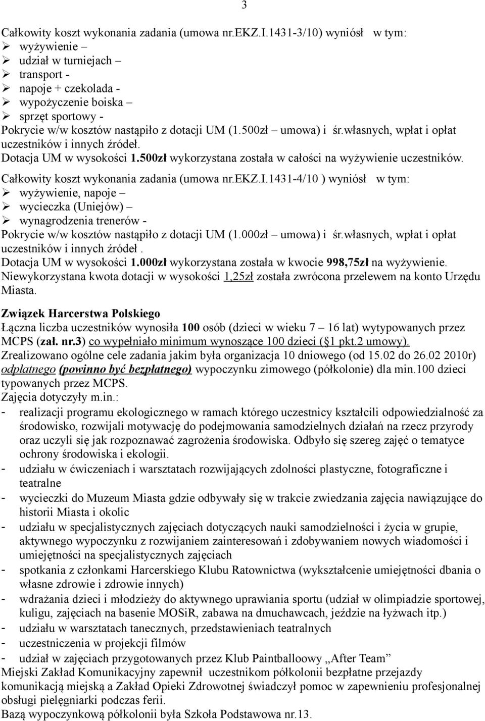 000zł umowa) i śr.własnych, wpłat i opłat uczestników i innych źródeł. Dotacja UM w wysokości 1.000zł wykorzystana została w kwocie 998,75zł na wyżywienie.