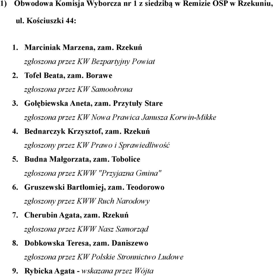 Bednarczyk Krzysztof, zam. Rzekuń zgłoszony przez KW Prawo i Sprawiedliwość 5. Budna Małgorzata, zam. Tobolice zgłoszona przez KWW "Przyjazna Gmina" 6.