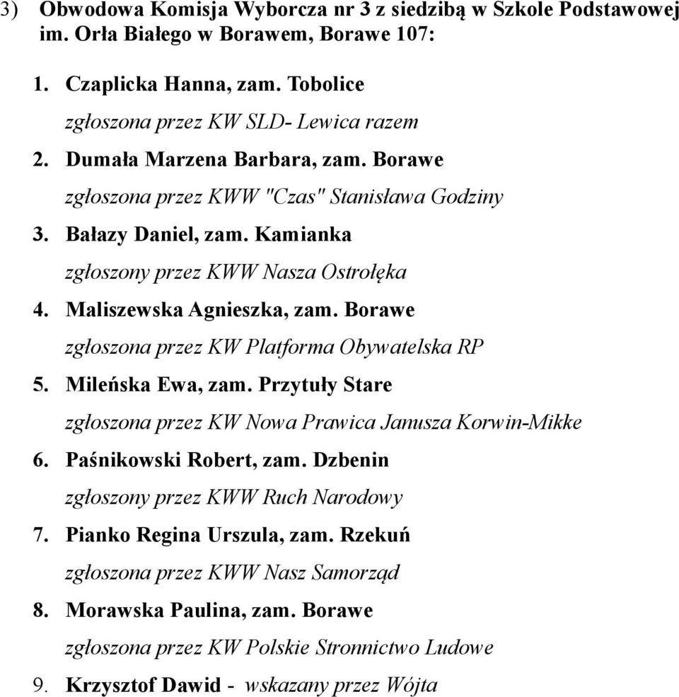 Kamianka zgłoszony przez KWW Nasza Ostrołęka 4. Maliszewska Agnieszka, zam. Borawe 5. Mileńska Ewa, zam. Przytuły Stare 6. Paśnikowski Robert, zam.