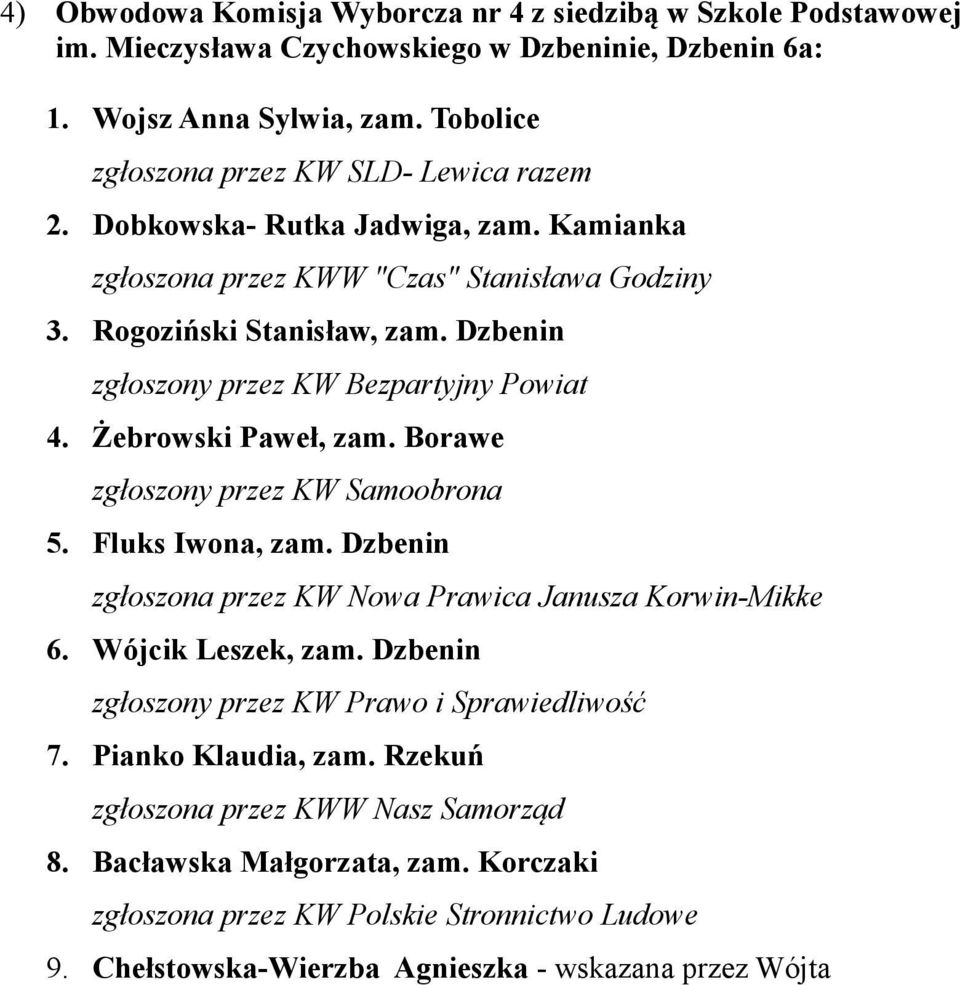 Dzbenin zgłoszony przez KW Bezpartyjny Powiat 4. Żebrowski Paweł, zam. Borawe zgłoszony przez KW Samoobrona 5. Fluks Iwona, zam. Dzbenin 6. Wójcik Leszek, zam.