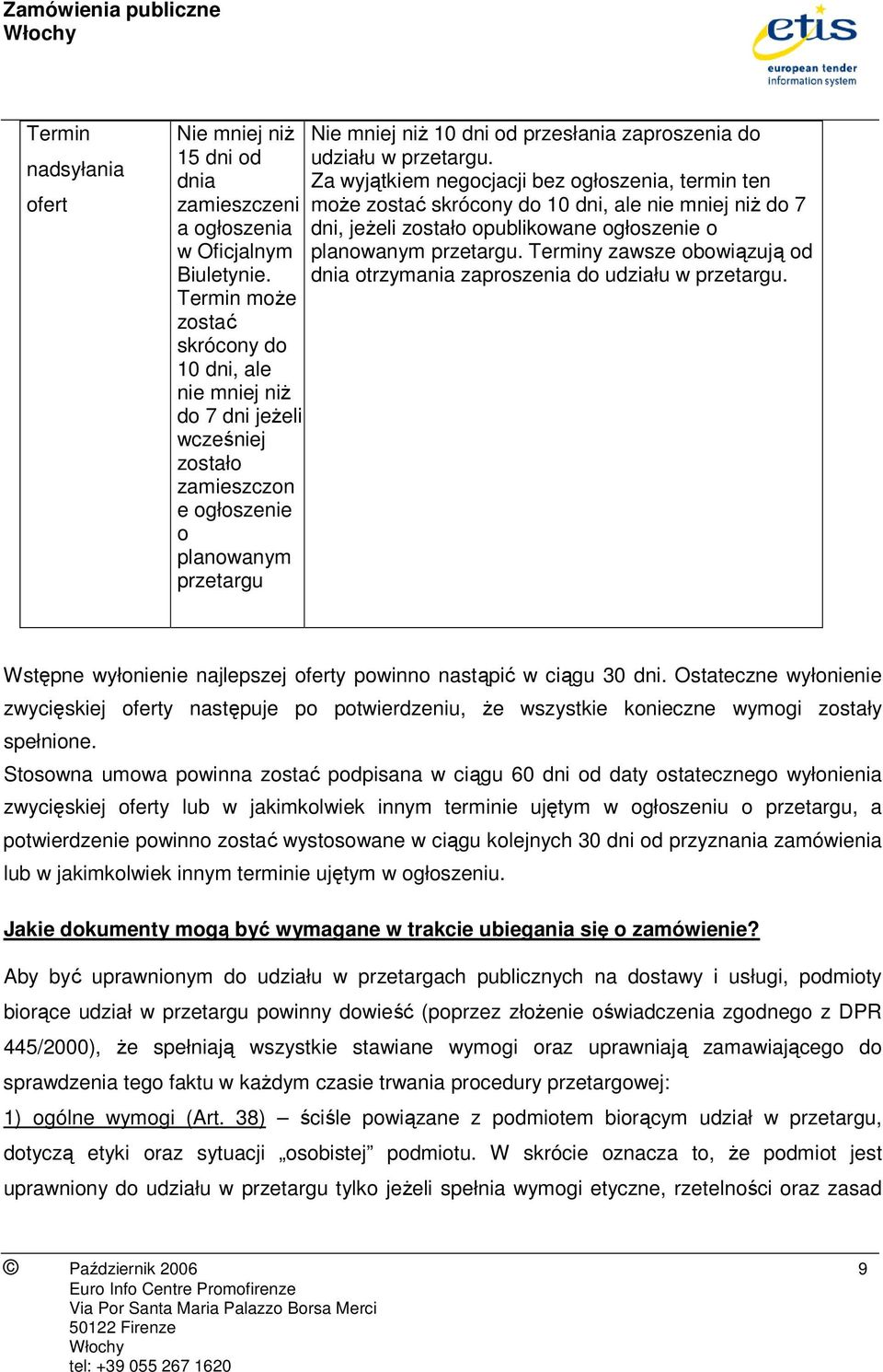 Za wyjątkiem negocjacji bez ogłoszenia, termin ten moŝe zostać skrócony do 10 dni, ale nie mniej niŝ do 7 dni, jeŝeli zostało opublikowane ogłoszenie o planowanym.