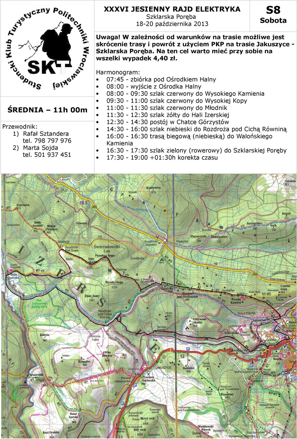 501 937 451 07:45 - zbiórka pod Ośrodkiem Halny 08:00 - wyjście z Ośrodka Halny 08:00-09:30 szlak czerwony do Wysokiego Kamienia 09:30-11:00 szlak czerwony do Wysokiej Kopy 11:00-11:30