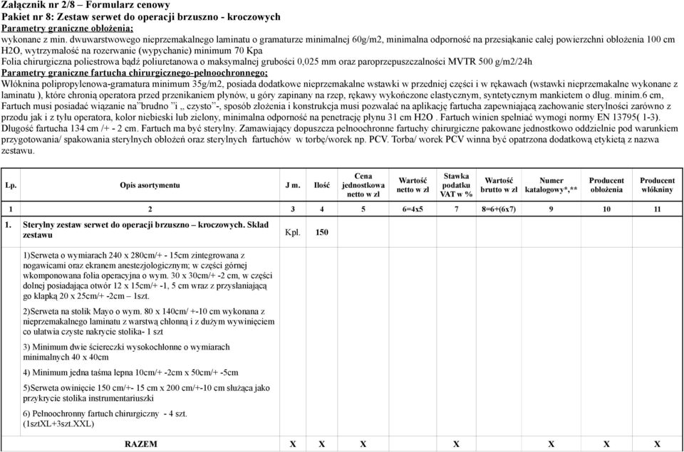 Kpa Folia chirurgiczna poliestrowa bądź poliuretanowa o maksymalnej grubości 0,025 mm oraz paroprzepuszczalności MVTR 500 g/m2/24h Parametry graniczne fartucha chirurgicznego-pełnoochronnego;