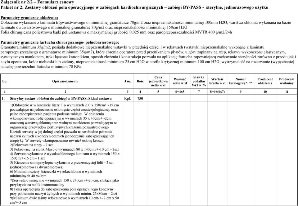 gramaturze 80g/m2 oraz nieprzemakalności minimalnej 150cm H2O Folia chirurgiczna poliestrowa bądź poliuretanowa o maksymalnej grubości 0,025 mm oraz paroprzepuszczalności MVTR 400 g/m2/24h Parametry