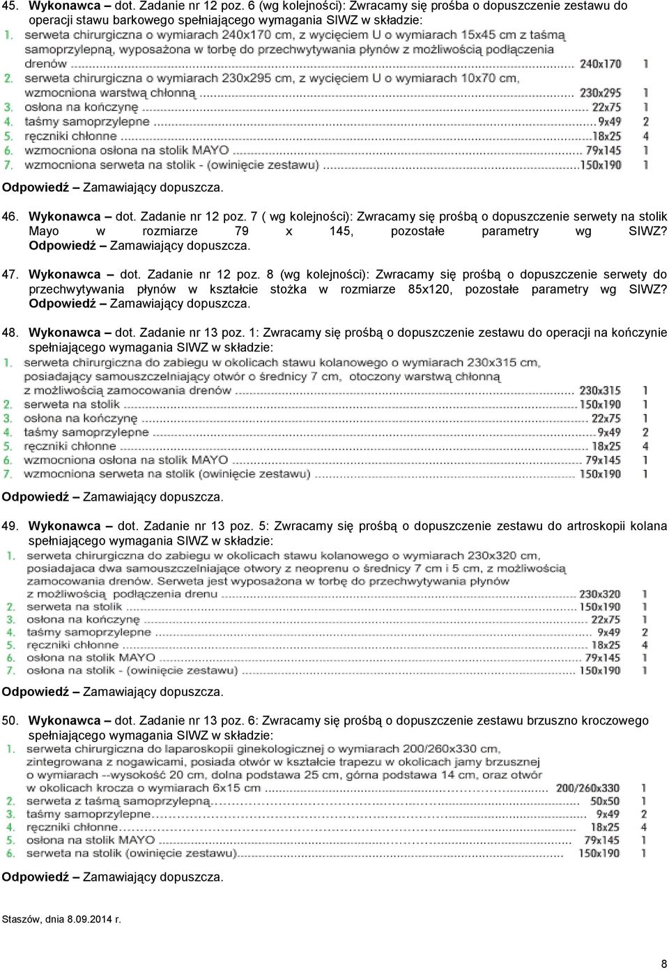 Wykonawca dot. Zadanie nr 13 poz. 1: Zwracamy się prośbą o dopuszczenie zestawu do operacji na kończynie 49. Wykonawca dot. Zadanie nr 13 poz. 5: Zwracamy się prośbą o dopuszczenie zestawu do artroskopii kolana 50.