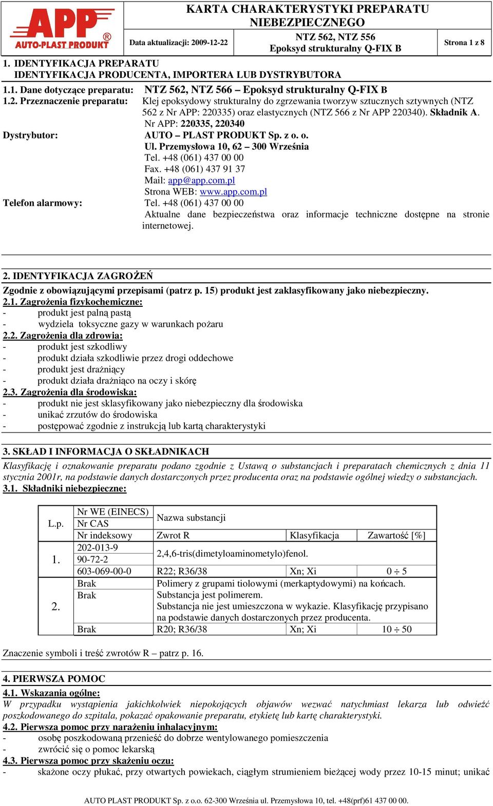 Nr APP: 220335, 220340 Dystrybutor: AUTO PLAST PRODUKT Sp. z o. o. Ul. Przemysłowa 10, 62 300 Września Tel. +48 (061) 437 00 00 Fax. +48 (061) 437 91 37 Mail: app@app.com.pl Strona WEB: www.app.com.pl Telefon alarmowy: Tel.