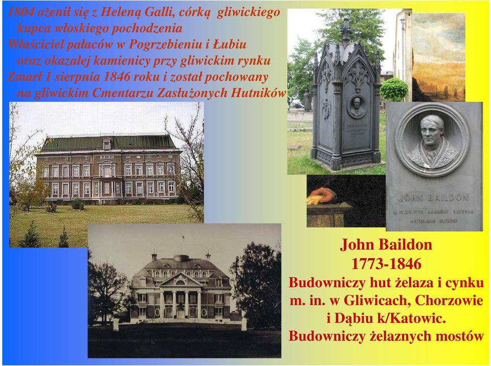 1846 roku i został pochowany na gliwickim Cmentarzu Zasłużonych Hutników John Baildon 1773-1846