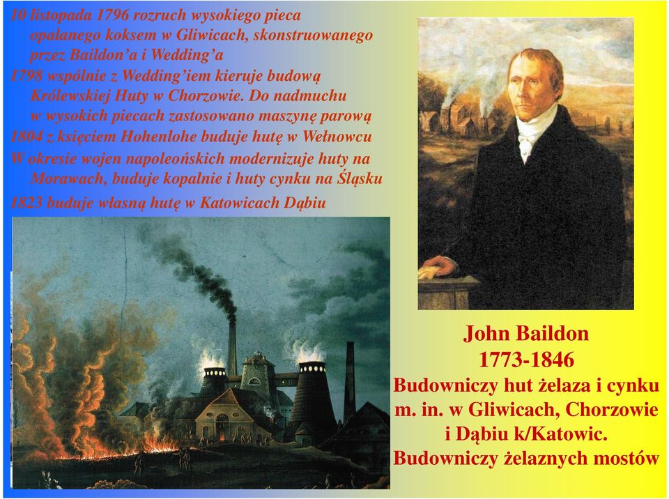 Do nadmuchu w wysokich piecach zastosowano maszynę parową 1804 z księciem Hohenlohe buduje hutę w Wełnowcu W okresie wojen napoleońskich
