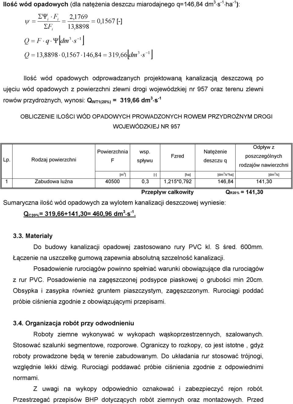 OBLICZENIE ILOŚCI WÓD OPADOWYCH PROWADZONYCH ROWEM PRZYDROŻNYM DROGI WOJEWÓDZKIEJ NR 957 Lp. Rodzaj powierzchni Powierzchnia F wsp.