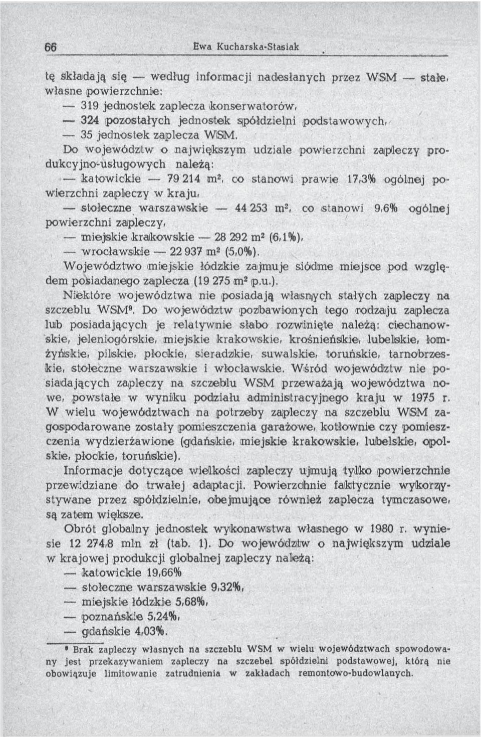 Do w ojew ództw o najw iększym udziale 'powierzchni zapleczy produkcyjno-usługow ych należą: kato w ick ie 79 214 m 2, co stanow i praw ie 17,3% ogólnej p o- w ierzchni zapleczy w k raju, stołeczne w