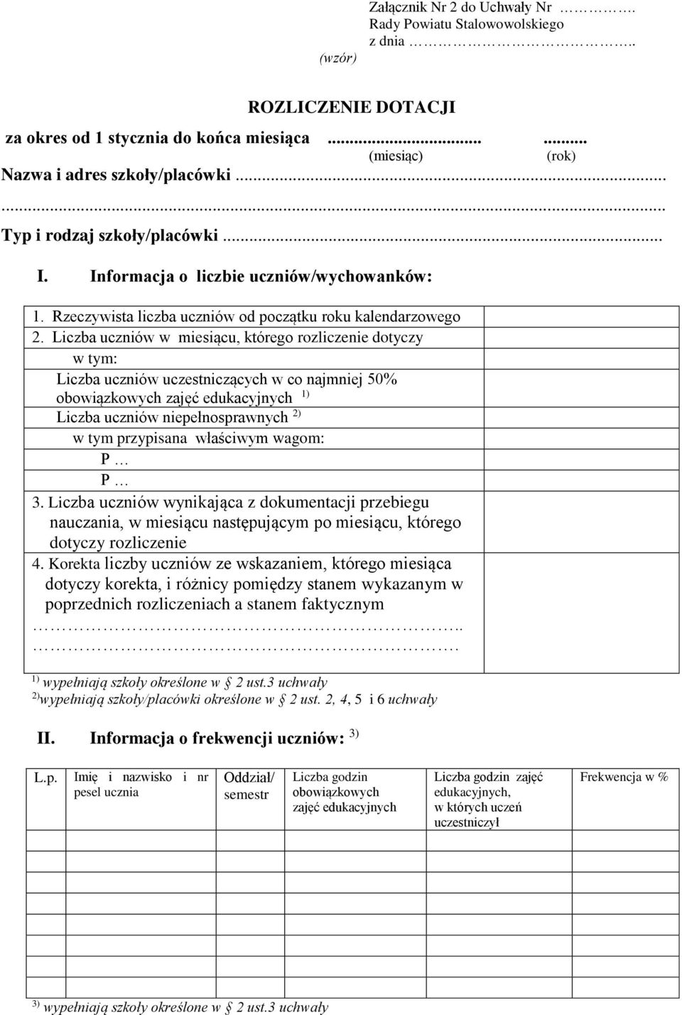 Liczba uczniów w miesiącu, którego rozliczenie dotyczy w tym: Liczba uczniów uczestniczących w co najmniej 50% obowiązkowych zajęć edukacyjnych 1) Liczba uczniów niepełnosprawnych 2) w tym przypisana