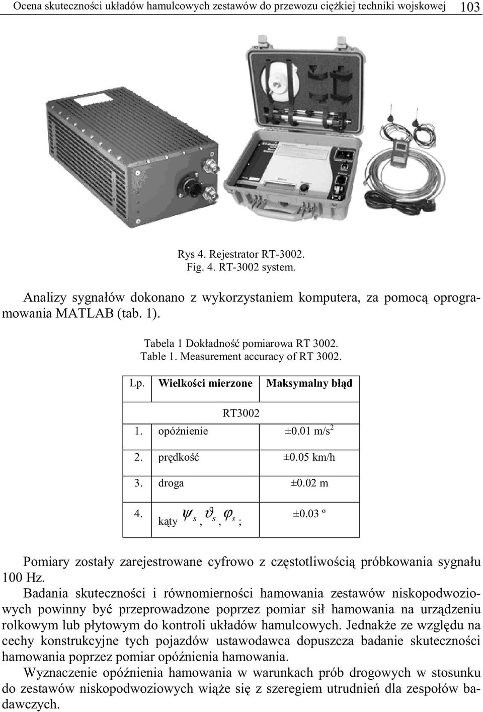 Wielkości mierzone Maksymalny błąd RT32 1. opóźnienie ±.1 m/s 2 2. prędkość ±.5 km/h 3. droga ±.2 m 4. ψ kąty s ϑ, s ϕ, s ±.