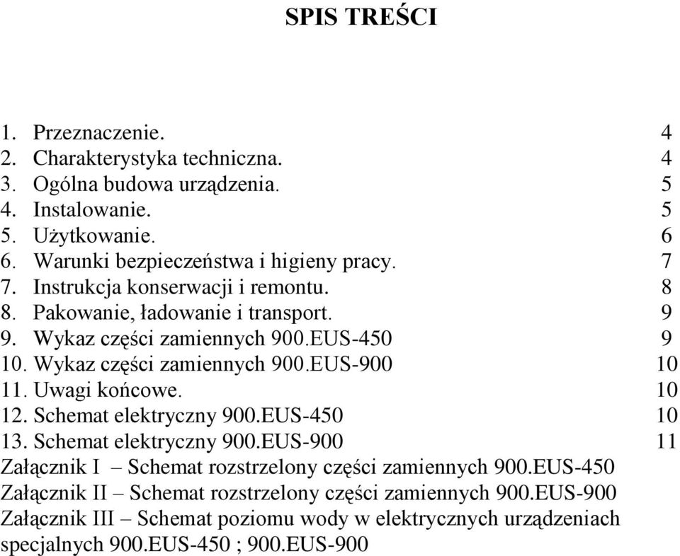 Wykaz części zamiennych 900.EUS-900 9 10 11. Uwagi końcowe. 10 12. Schemat elektryczny 900.EUS-450 13. Schemat elektryczny 900.EUS-900 10 11 Załącznik I Schemat rozstrzelony części zamiennych 900.