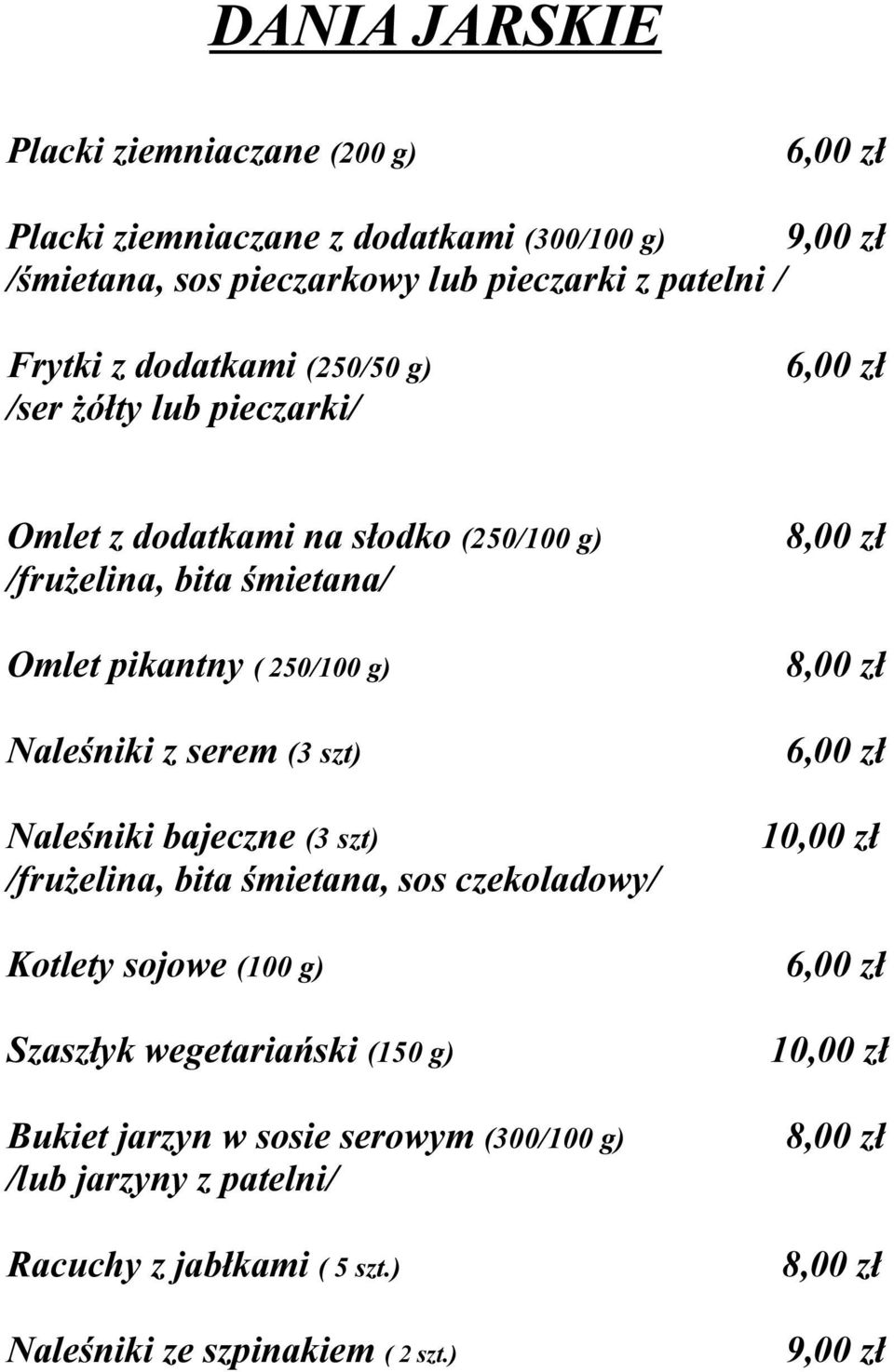 Naleśniki z serem (3 szt) Naleśniki bajeczne (3 szt) 10,00 zł /frużelina, bita śmietana, sos czekoladowy/ Kotlety sojowe (100 g) Szaszłyk