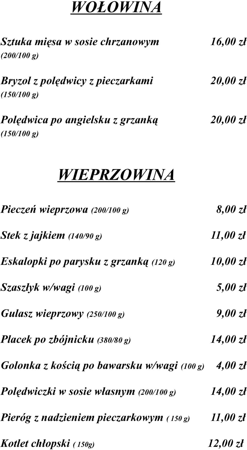 grzanką (120 g) 10,00 zł Szaszłyk w/wagi (100 g) Gulasz wieprzowy (250/100 g) 9,00 zł Placek po zbójnicku (380/80 g) Golonka z kością po