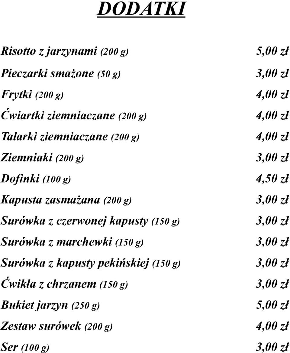 zasmażana (200 g) Surówka z czerwonej kapusty (150 g) Surówka z marchewki (150 g) Surówka z