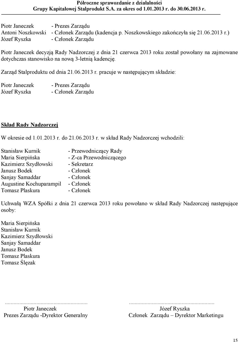 Zarząd Stalproduktu od dnia 21.06.2013 r.