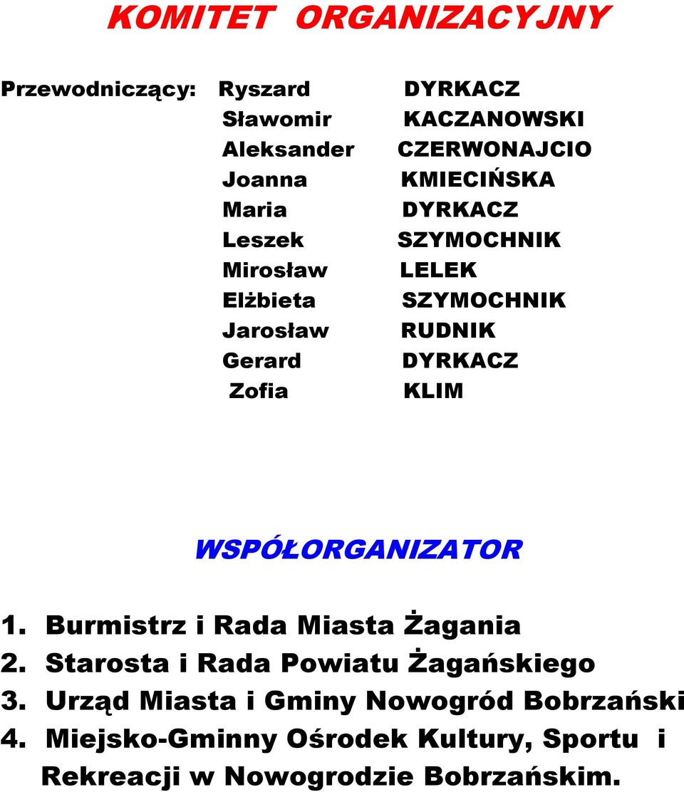 DYRKACZ KLIM WSPÓŁORGANIZATOR 1. Burmistrz i Rada Miasta Żagania 2. Starosta i Rada Powiatu Żagańskiego 3.