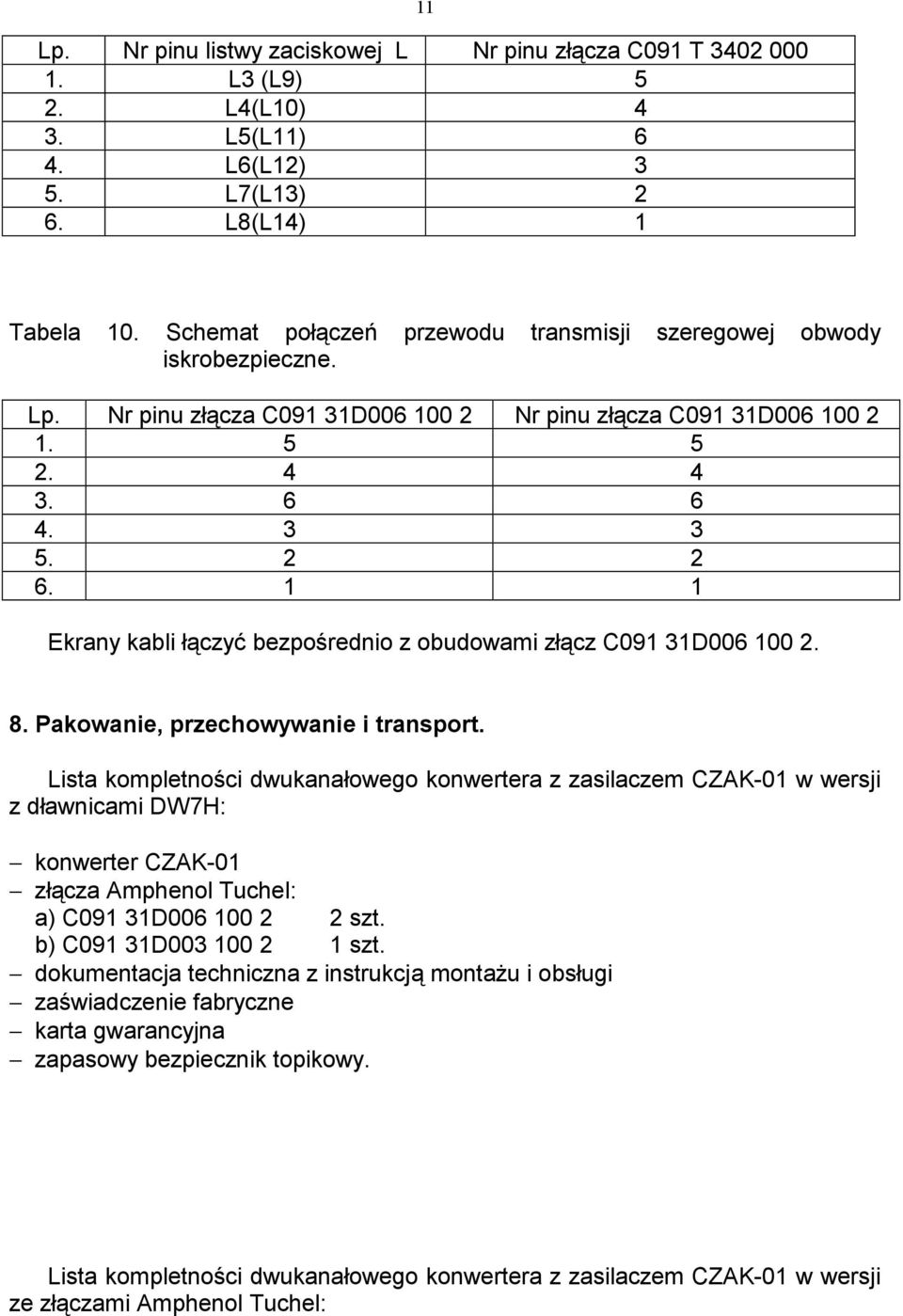 1 1 Ekrany kabli łączyć bezpośrednio z obudowami złącz C091 31D006 100 2. 8. Pakowanie, przechowywanie i transport.