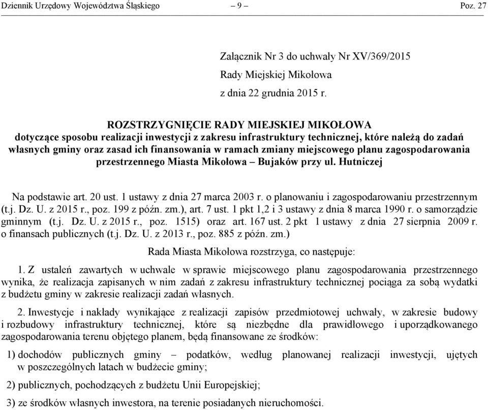 miejscowego planu zagospodarowania przestrzennego Miasta Mikołowa Bujaków przy ul. Hutniczej Na podstawie art. 20 ust. 1 ustawy z dnia 27 marca 2003 r.