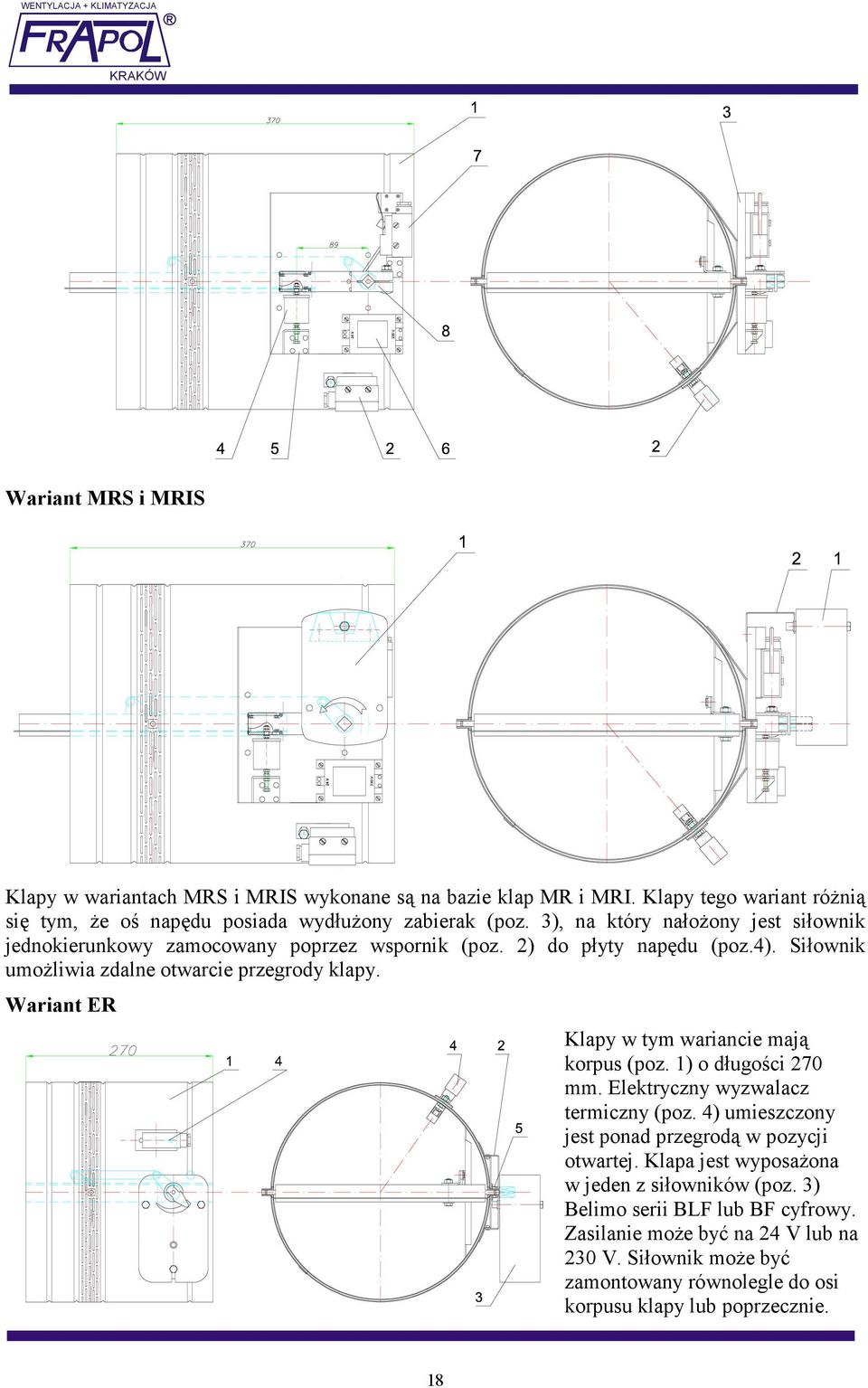 Wariant ER Klapy w tym wariancie mają korpus (poz. 1) o długości 270 mm. Elektryczny wyzwalacz termiczny (poz. 4) umieszczony jest ponad przegrodą w pozycji otwartej.