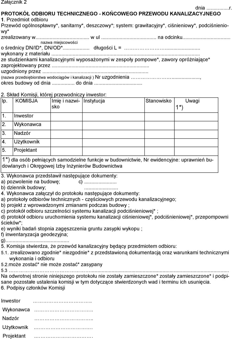 .. nazwa miejscowości o średnicy DN/ID*, DN/OD*... długości L =... wykonany z materiału... ze studzienkami kanalizacyjnymi wyposażonymi w zespoły pompowe*, zawory opróżniające* zaprojektowany przez.