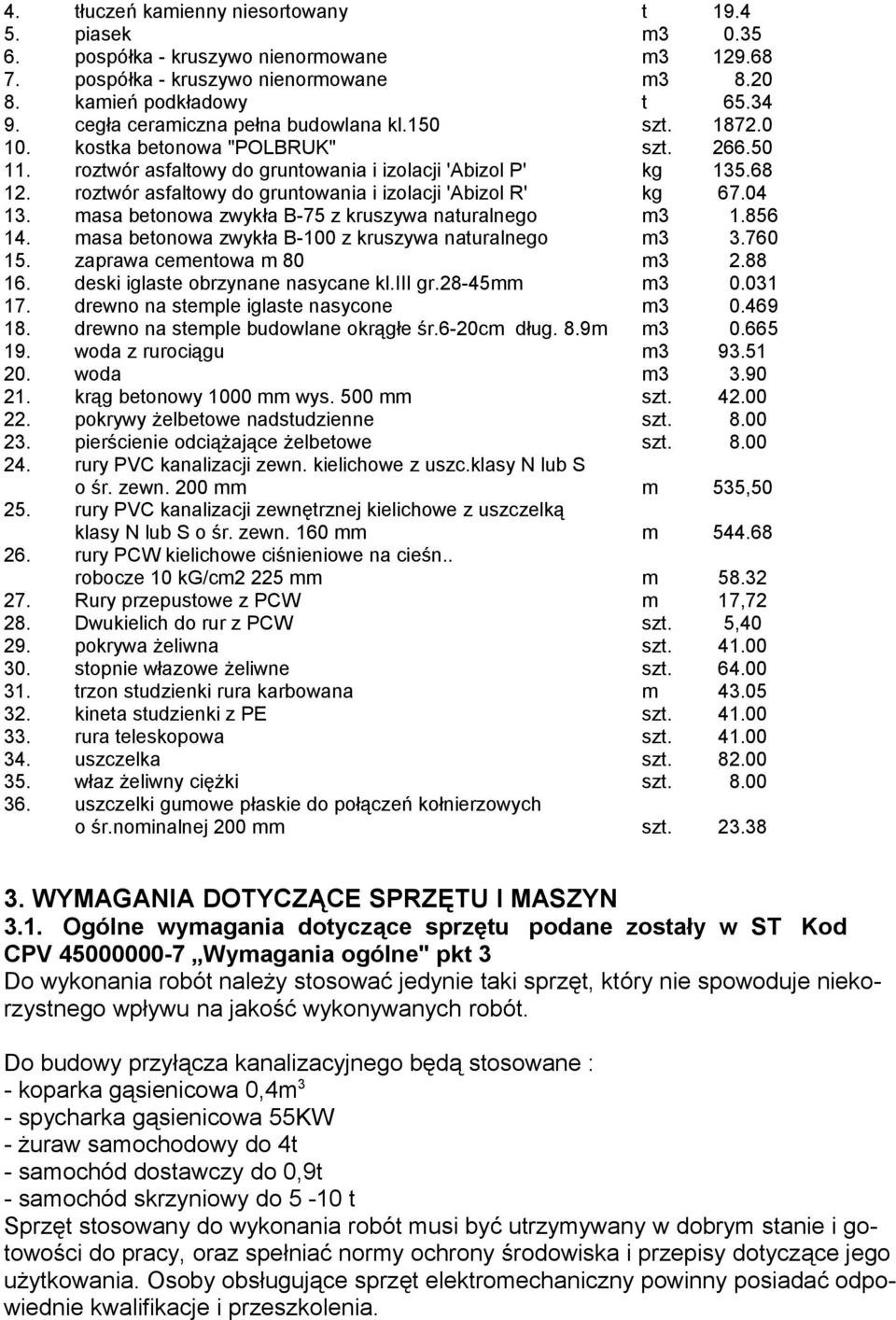 roztwór asfaltowy do gruntowania i izolacji 'Abizol R' kg 67.04 13. masa betonowa zwykła B-75 z kruszywa naturalnego m3 1.856 14. masa betonowa zwykła B-100 z kruszywa naturalnego m3 3.760 15.