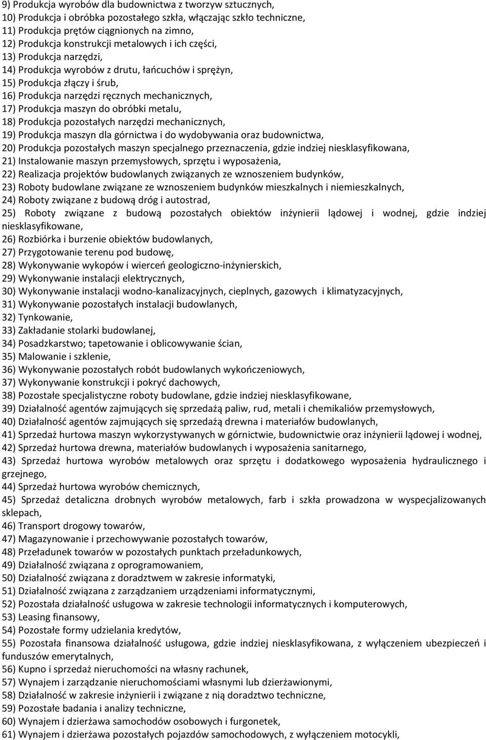 do obróbki metalu, 18) Produkcja pozostałych narzędzi mechanicznych, 19) Produkcja maszyn dla górnictwa i do wydobywania oraz budownictwa, 20) Produkcja pozostałych maszyn specjalnego przeznaczenia,