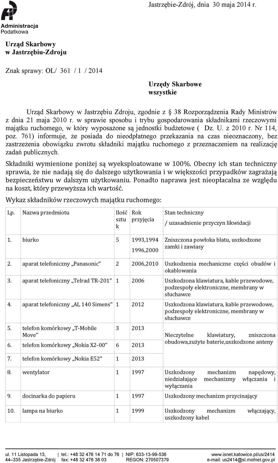 w sprawie sposobu i trybu gospodarowania składnikami rzeczowymi majątku ruchomego, w który wyposażone są jednostki budżetowe ( Dz. U. z 2010 r. Nr 114, poz.