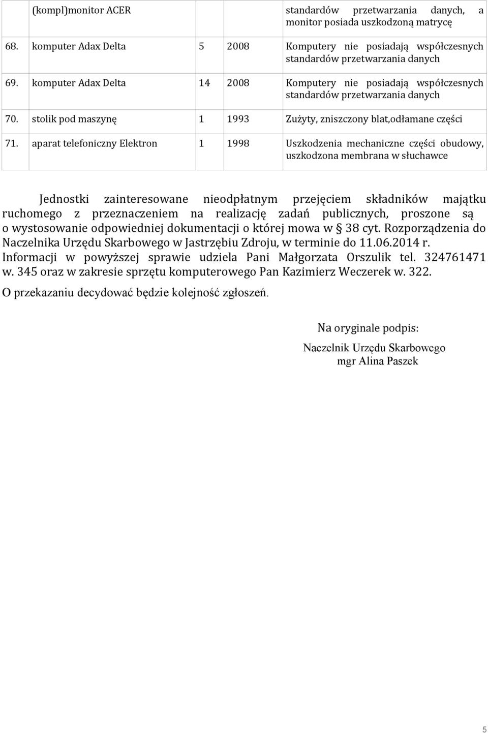 aparat telefoniczny Elektron 1 1998 Uszkodzenia mechaniczne części obudowy, uszkodzona membrana w słuchawce Jednostki zainteresowane nieodpłatnym przejęciem składników majątku ruchomego z