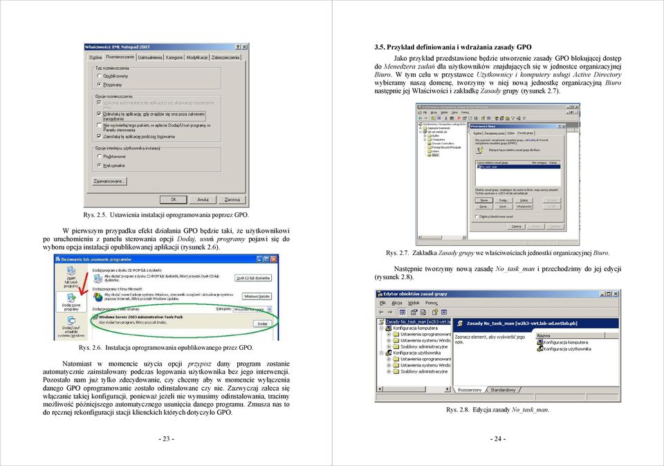 W tym celu w przystawce Użytkownicy i komputery usługi Active Directory wybieramy naszą domenę, tworzymy w niej nową jednostkę organizacyjną Biuro następnie jej Właściwości i zakładkę Zasady grupy