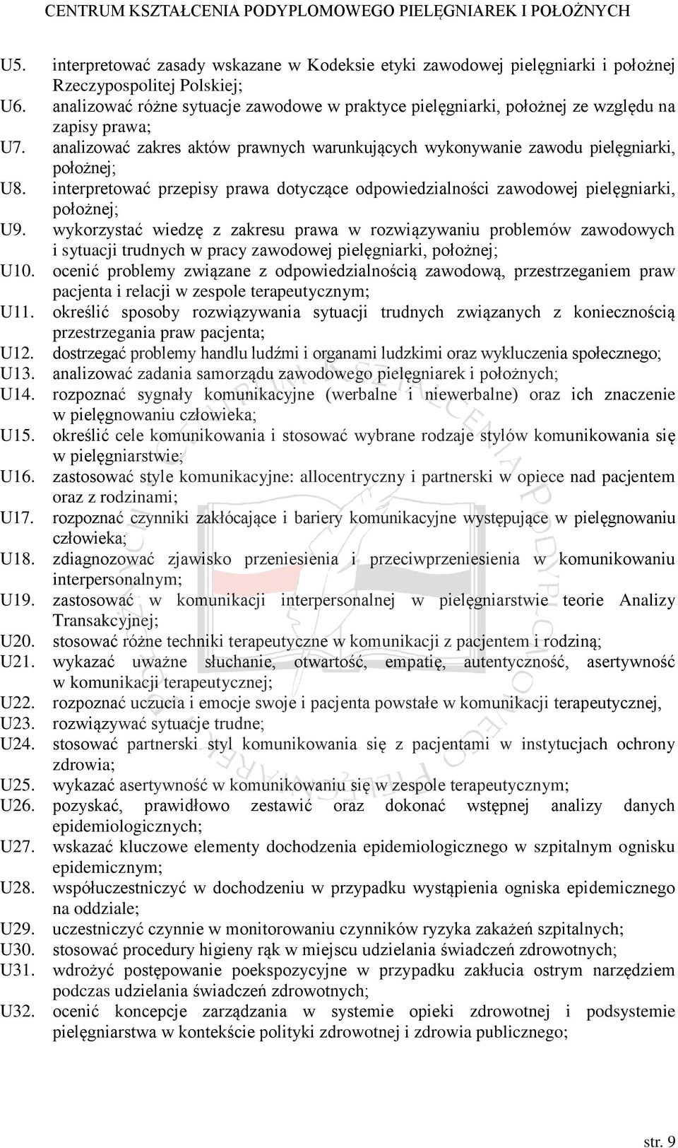 interpretować przepisy prawa dotyczące odpowiedzialności zawodowej pielęgniarki, położnej; U9.