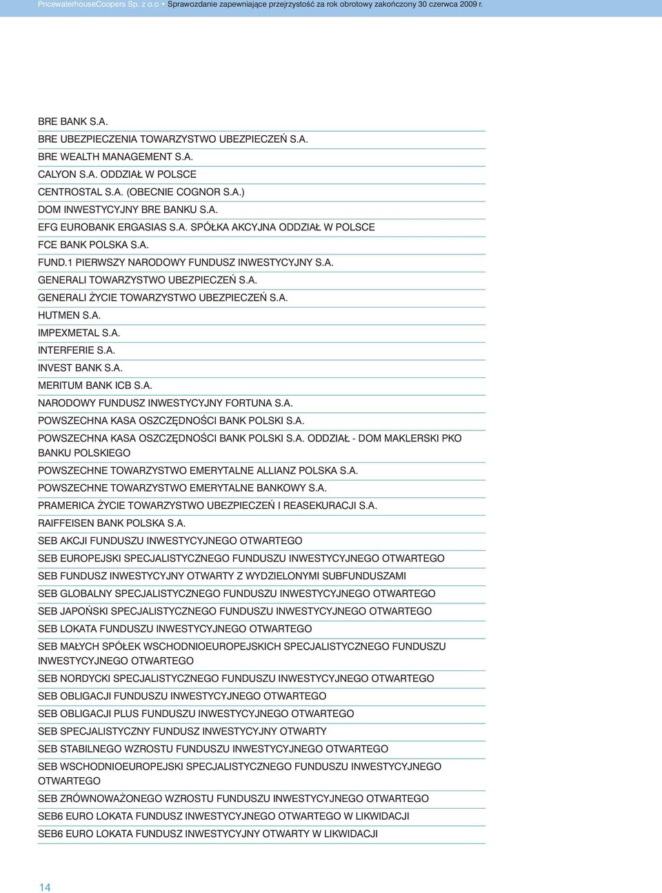 A. INTERFERIE S.A. INVEST BANK S.A. MERITUM BANK ICB S.A. NARODOWY FUNDUSZ INWESTYCYJNY FORTUNA S.A. POWSZECHNA KASA OSZCZ DNOÂCI BANK POLSKI S.A. POWSZECHNA KASA OSZCZ DNOÂCI BANK POLSKI S.A. ODDZIAŁ - DOM MAKLERSKI PKO BANKU POLSKIEGO POWSZECHNE TOWARZYSTWO EMERYTALNE ALLIANZ POLSKA S.