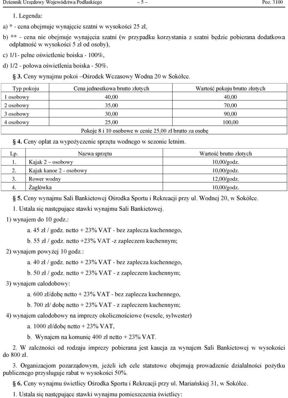 od osoby), c) 1/1- pełne oświetlenie boiska - 100%, d) 1/2 - połowa oświetlenia boiska - 50%. 3. Ceny wynajmu pokoi Ośrodek Wczasowy Wodna 20 w Sokółce.