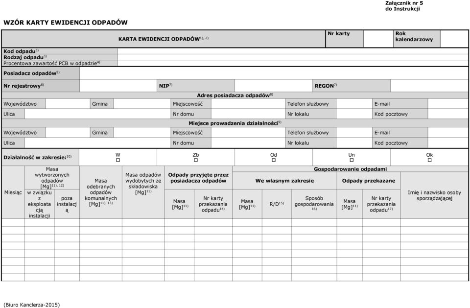Województwo Gmina Miejscowość Telefon służbowy E-mail Ulica Nr domu Nr lokalu Kod pocztowy Działalność w zakresie: 10) W Zb Od Un Ok Miesiąc Masa wytworzonych odpadów 11), 12) [Mg] w związku z