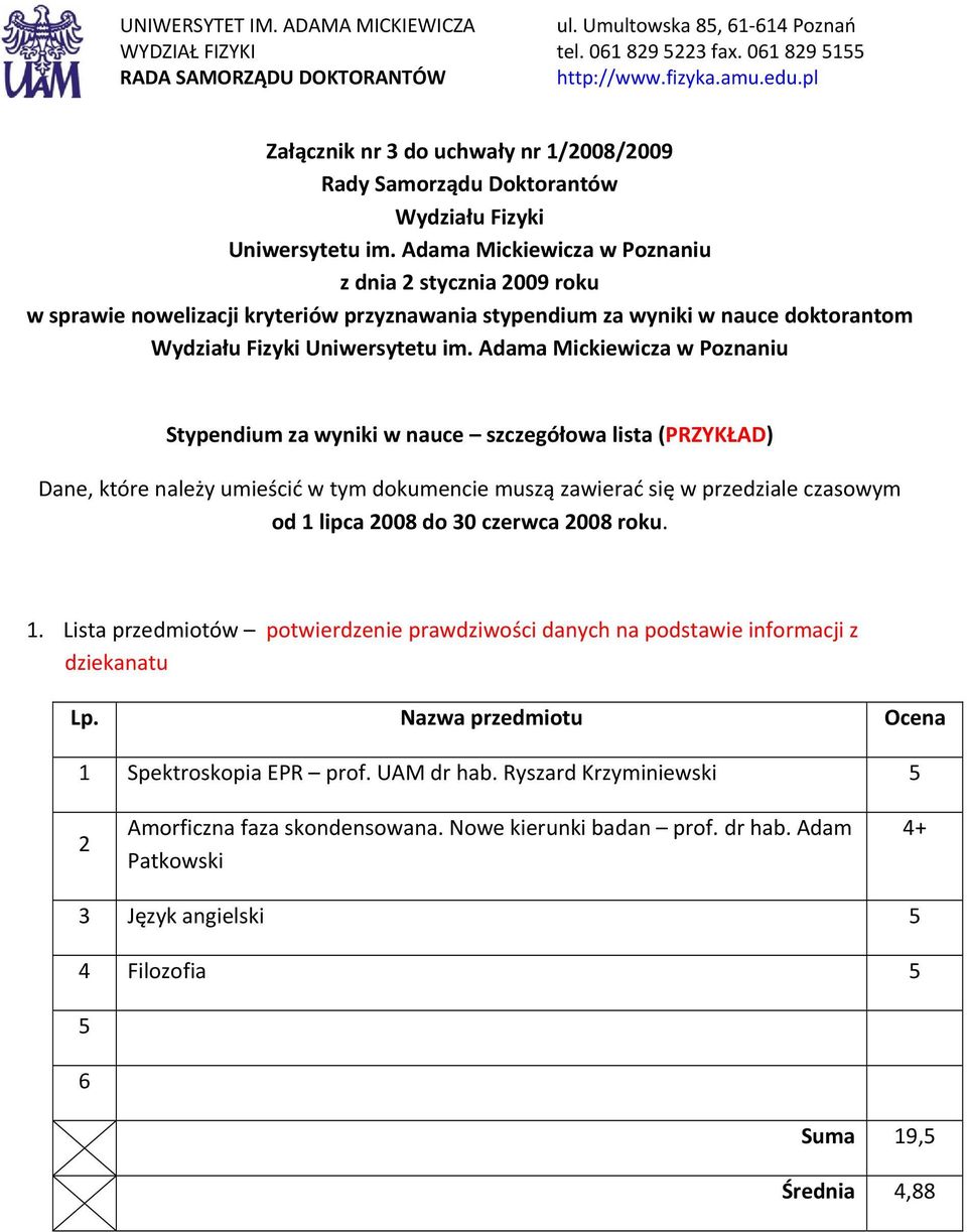 Adama Mickiewicza w Poznaniu z dnia 2 stycznia 2009 roku w sprawie nowelizacji kryteriów przyznawania stypendium za wyniki w nauce doktorantom Wydziału Fizyki Uniwersytetu im.